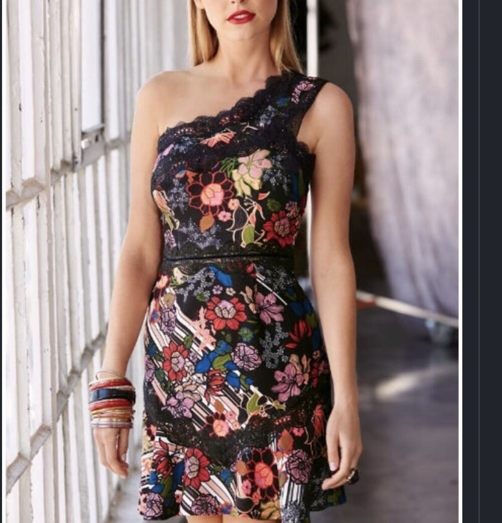 Foxiedox One Shoulder Floral Lace Trim Cocktail Dress Size 8 NWT